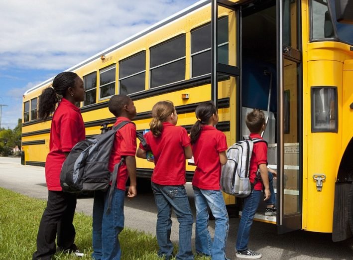 Students Lined Up To Get On The School Bus